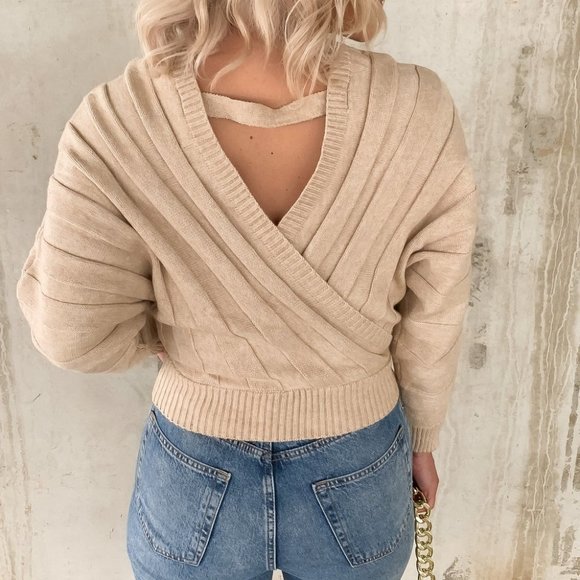 Beige Cream Wrap Sweater With Key Hole Back - Picture 5 of 6